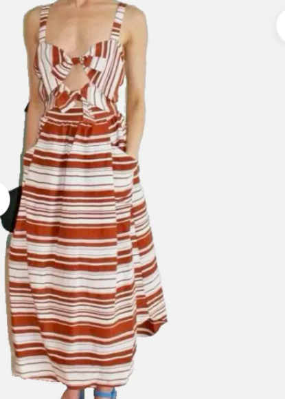 WHIT Style Sage Dress Open Tie Front Printed Serepe Stripes On Silk/ Linen Sz 2 - Picture 5 of 11